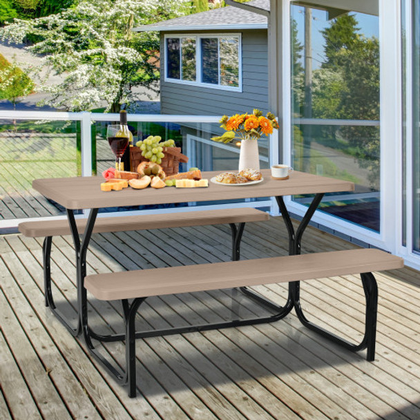 HDPE Outdoor Picnic Table Bench Set with Metal Base-Coffee