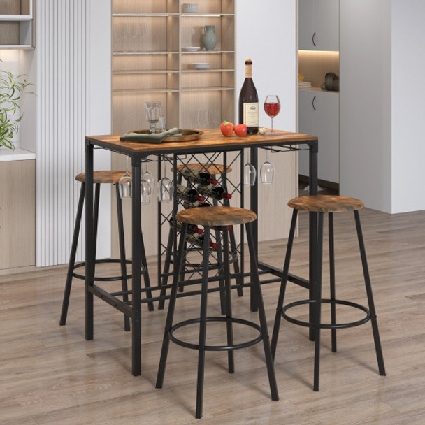 5 Pieces Bar Table and Stools Set with Wine Rack and Glass Holder-Rustic Brown