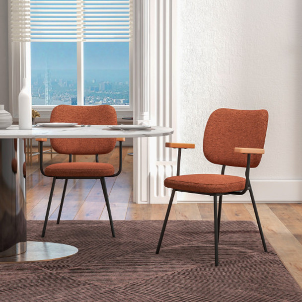 Set of 2 Modern Fabric Dining Chairs with Armrest and Curved Backrest-Orange