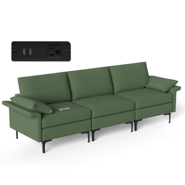 Large 3-Seat Sofa Sectional with Metal Legs and 2 USB Ports for 3-4 people-Green