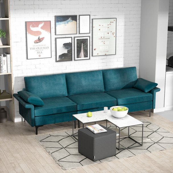 Large 3-Seat Sofa Sectional with Metal Legs and 2 USB Ports for 3-4 people-Turquoise