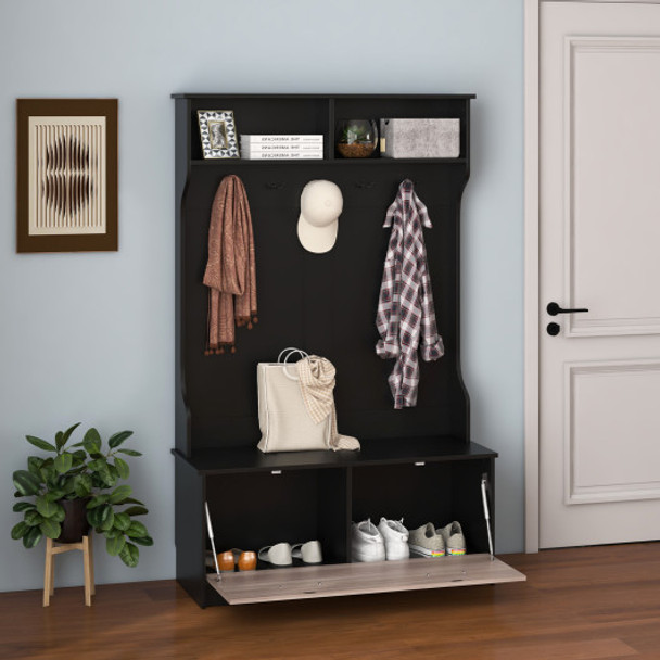 3 in 1 Coat Rack with Entryway Bench and Hooks and Enclosed Cabinet-Black