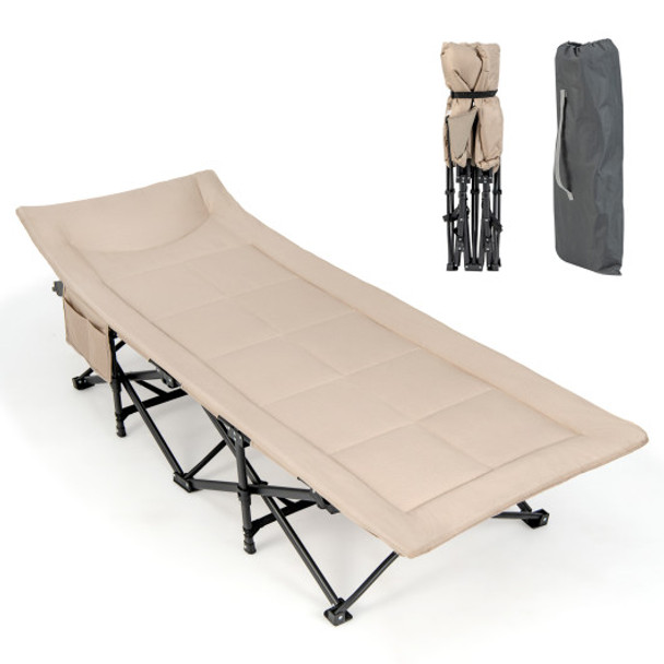 Folding Camping Cot with Carry Bag Cushion and Headrest-khaki