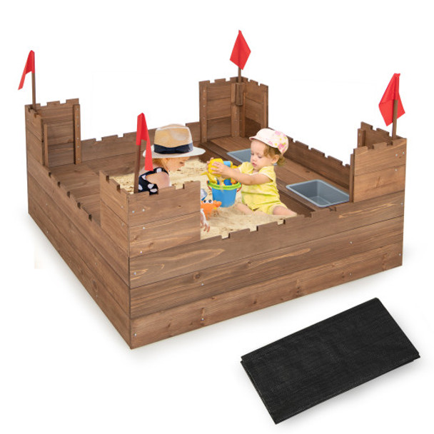 Kids Wooden Sandbox with Bottom Liner and Red Flags