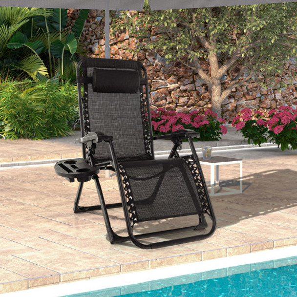 Adjustable Metal Zero Gravity Lounge Chair with Removable Cushion and Cup Holder Tray-Black