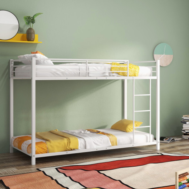 Low Profile Twin Over Twin Metal Bunk Bed with Full-length Guardrails-White