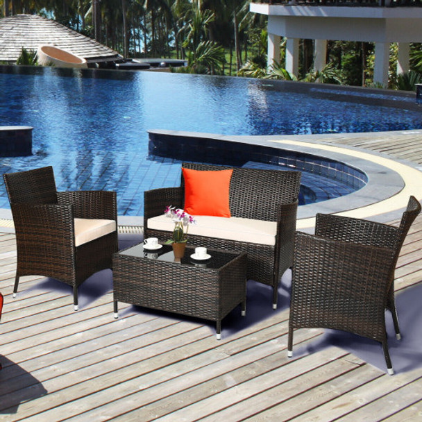 4 Pieces Comfortable Outdoor Rattan Sofa Set with Glass Coffee Table-Beige & Red