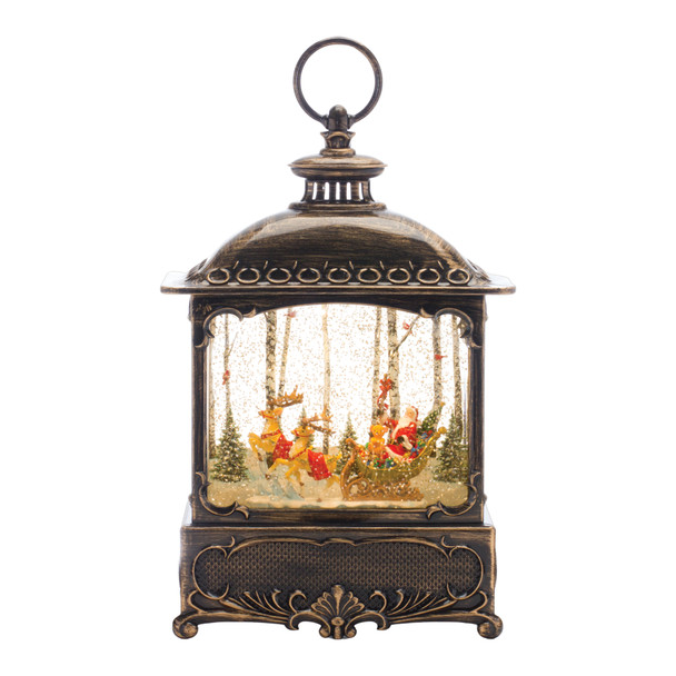 LED Snow Globe Lantern with Santa's Sleigh Scene 12.25"H - 86035