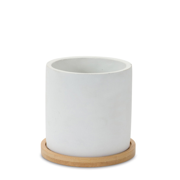 White Stone Planter with Wood Plate (Set of 2) - 86627