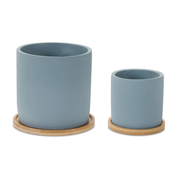 Blue Stone Planter with Wood Plate (Set of 2) - 86628