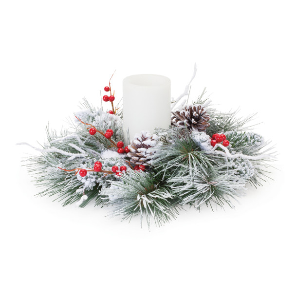 Flocked Pine Berry Candle Ring 15.5"D - 86854
