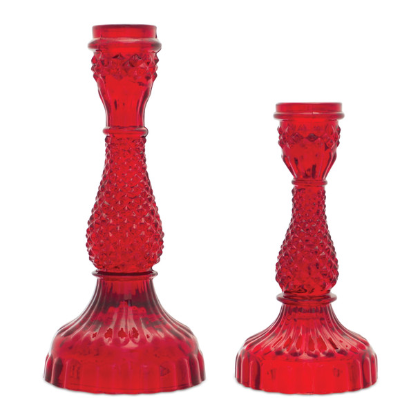 Red Glass Taper Candle Holder (Set of 2) - 87022