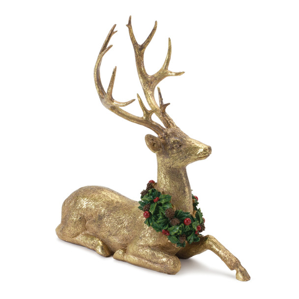 Laying Deer Figurine with Holly Wreath (Set of 2) - 87333