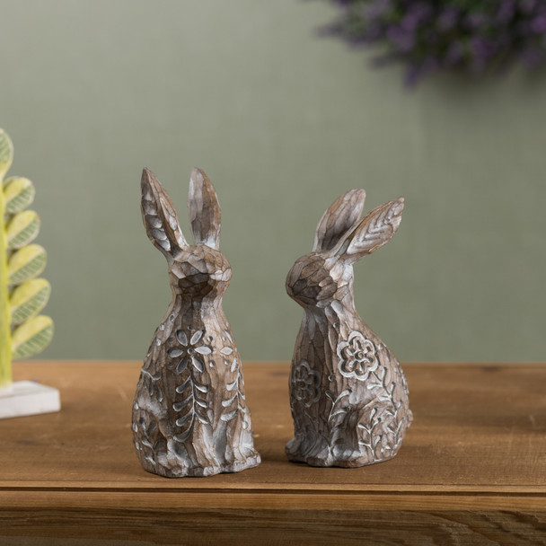 Floral Carved Rabbit Figurine (Set of 2) - 88084
