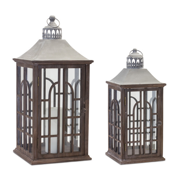 Wood Lantern with Metal Lid (Set of 2) - 88233