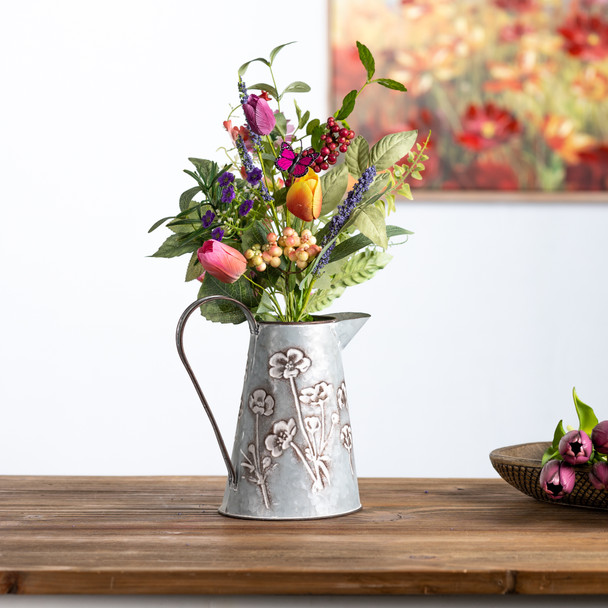 Floral Stamped Metal Pitcher Vase 8.75"H - 88395