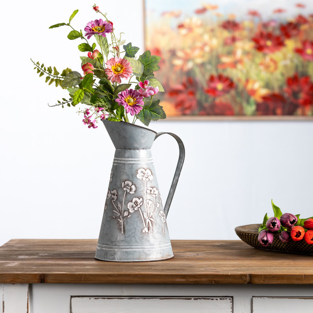 Floral Stamped Metal Pitcher Vase 12.5"H - 88397