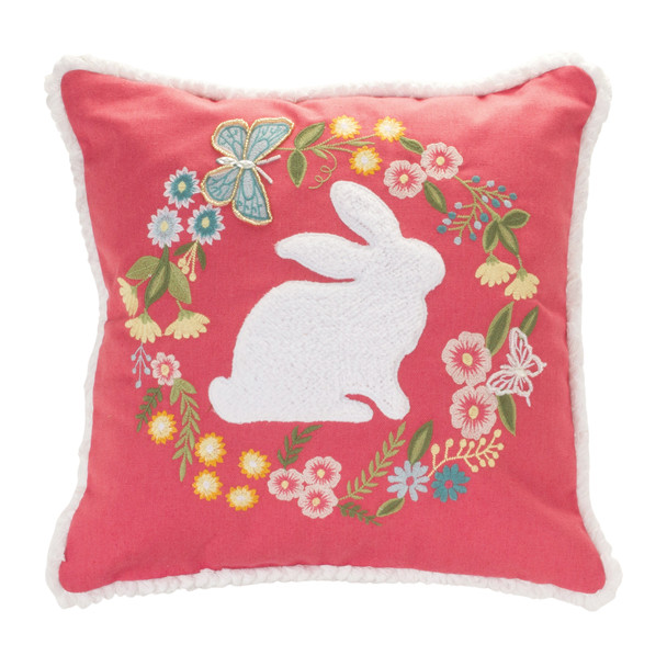 Embroidered Rabbit Floral Pillow 16"SQ - 88497