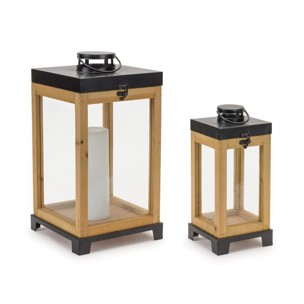 Wood Box Lantern on Metal Stand (Set of 2) - 88645