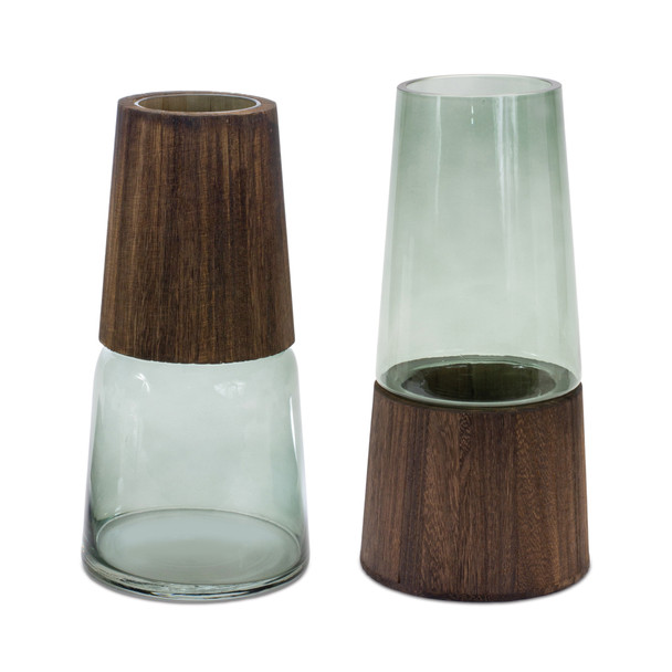 Tapered Glass Vase with Wood Accent (Set of 2) - 88714