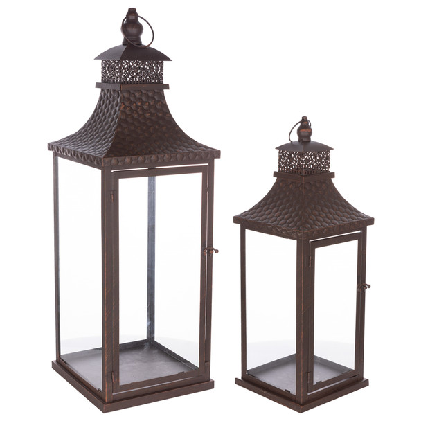 Traditional Lantern with Hammered Metal Lid (Set of 2) - 88766