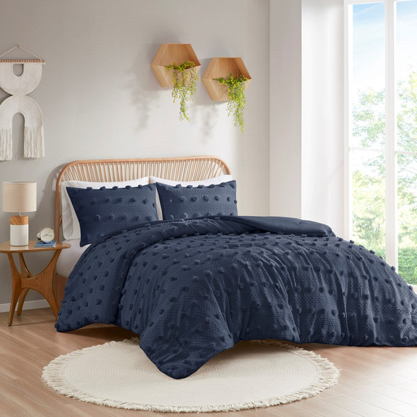 Navy Blue Pom Pom Clip Jacquard Comforter AND Decorative Shams