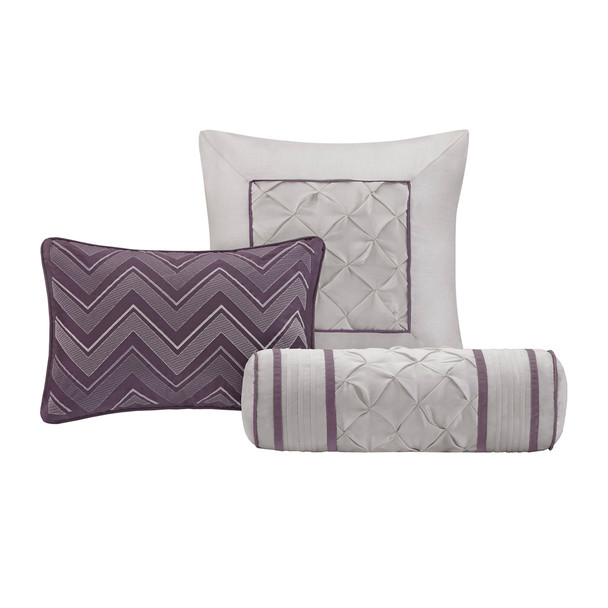 7pc Purple Pleated Comforter Set AND Decorative Pillows (Laurel-Purple)