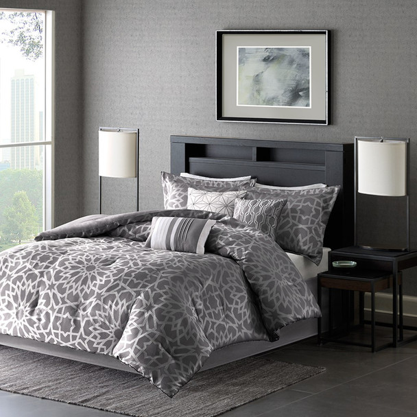 7pc Charcoal Grey & Metallic Silver Comforter Set AND Decorative Pillows (Carlow-Grey)