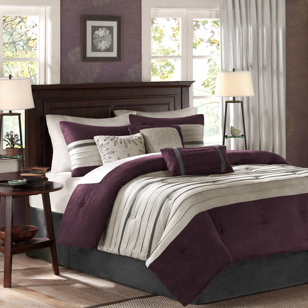 7pc Plum Purple & Grey Microsuede Comforter Set AND Decorative Pillows (Palmer-Purple)