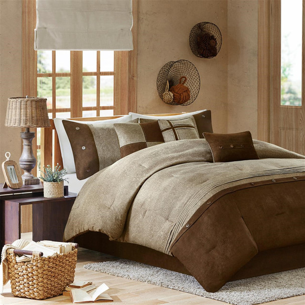 7pc Textured Brown & Khaki Microsuede Comforter Set AND Decorative Pillows (Boone-Brown)