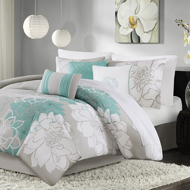 Aqua Blue Grey & White Floral Comforter Set AND Decorative Pillows (Lola-Aqua)