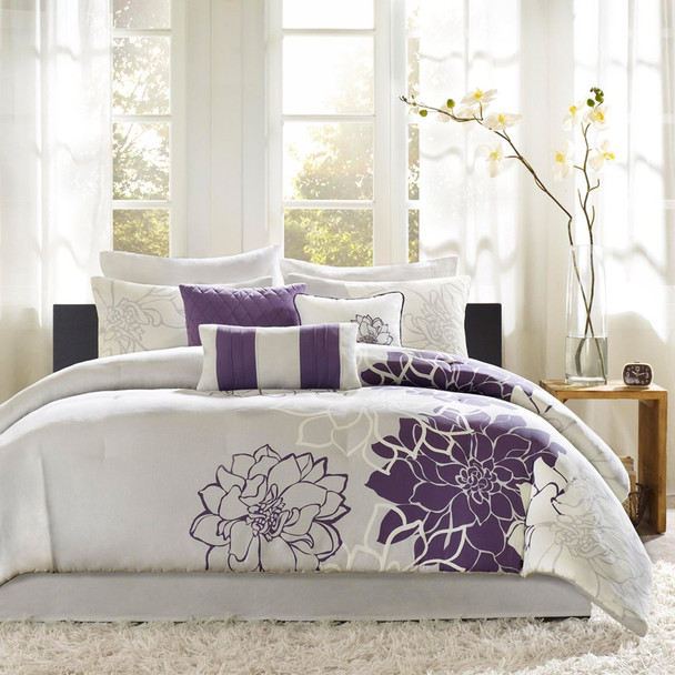 Purple Grey & White Floral Comforter Set AND Decorative Pillows (Lola-Purple)