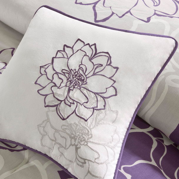 Purple Grey & White Floral Comforter Set AND Decorative Pillows (Lola-Purple)