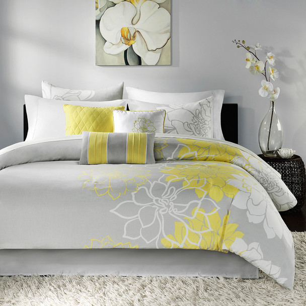 Yellow Grey & White Floral Comforter Set AND Decorative Pillows (Lola-Yellow)