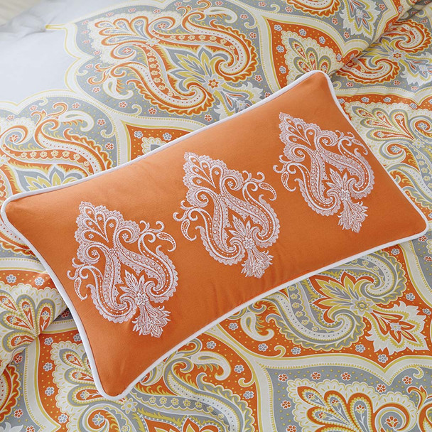 Orange & Grey Updated Paisley Comforter Set AND Decorative Pillows (Nisha-Orange)