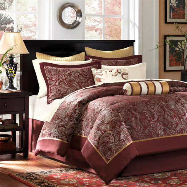 12pc Burnt Red & Gold Jacquard Weave Comforter Set AND Sheet Set (Aubrey-Red)