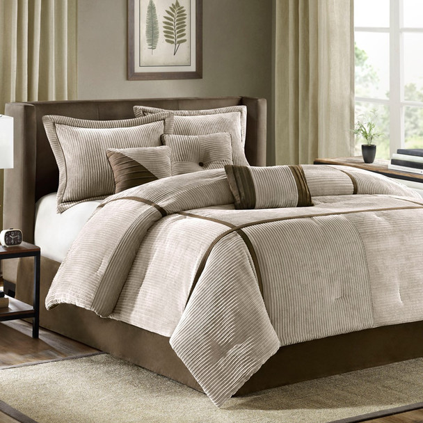 7pc Taupe & Brown Micro Corduroy Comforter Set AND Decorative Pillows (Dallas-Khaki)