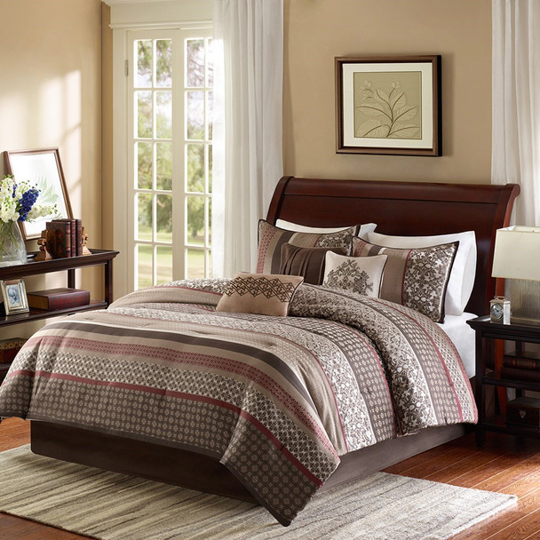 7pc Brown & Red Geometric Comforter Set AND Decorative Pillows (Princeton-Red)