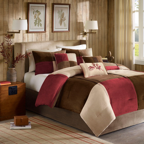 7pc Brown & Deep Red Microsuede Colorblock Comforter Set AND Decorative Pillows (Jackson-Red)
