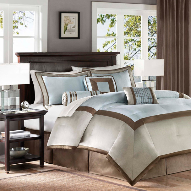 7pc Light Blue & Brown Geometric Comforter Set AND Decorative Pillows (Genevieve-Blue)