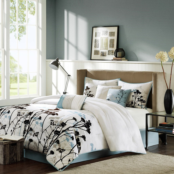 7pc Pale Blue & Black Floral Comforter Set AND Decorative Pillows (Matilda-Blue)