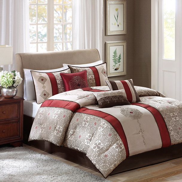 7pc Deep Red & Taupe Striped Geometric Comforter Set AND Decorative Pillows (Donovan-Red)