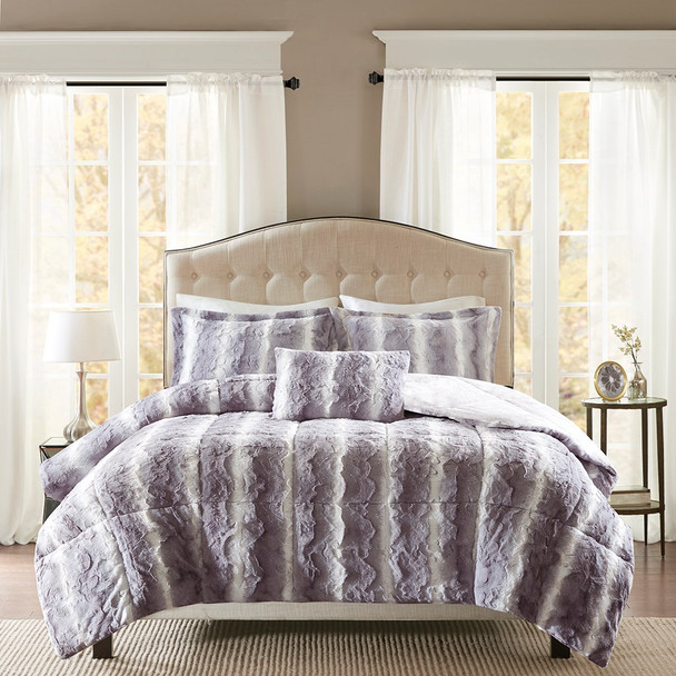 4pc Reversible Grey Faux Fur Comforter Set AND Decorative Pillow (Zuri-Grey)
