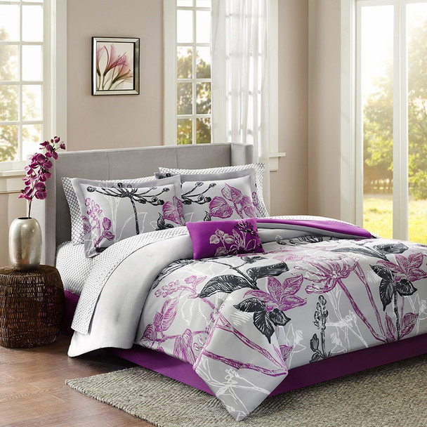 Purple Black & Grey Reversible Floral Comforter Set AND Matching Sheet Set (Claremont-Purple)