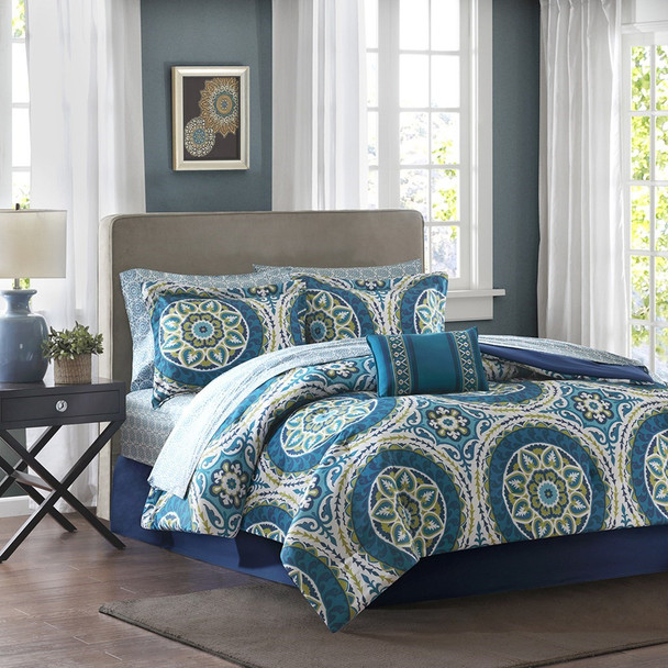 Blue & Green Oversize Medallions Comforter Set AND Matching Sheet Set (Serenity-Blue)