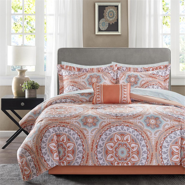 Coral & Aqua Oversize Medallions Comforter Set AND Matching Sheet Set (Serenity-Coral)