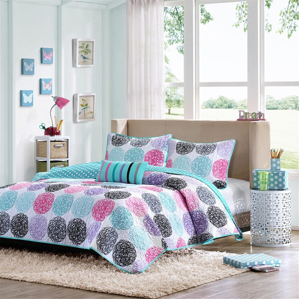 Pink & Teal Polka Dots Reversible Coverlet Quilt Set AND Decorative Pillow (Carly-Purple)