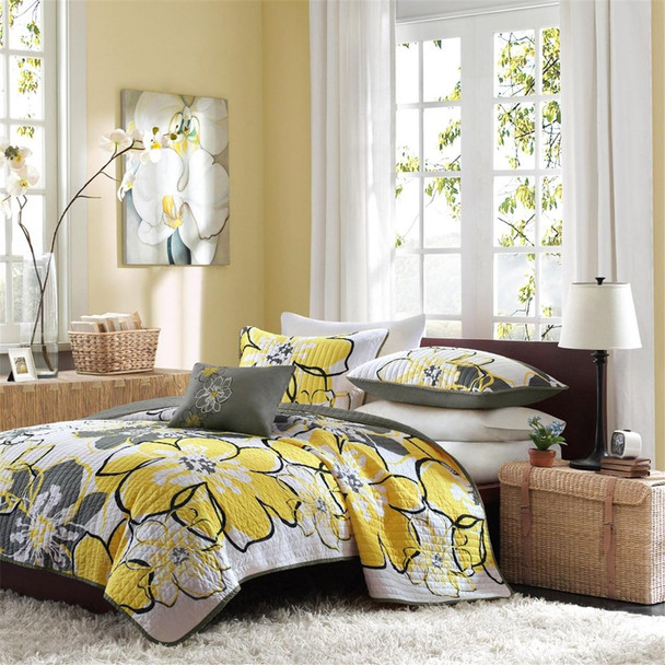 Yellow & Grey Reversible Coverlet Quilt Set AND Decorative Pillow (Allison-Yellow)