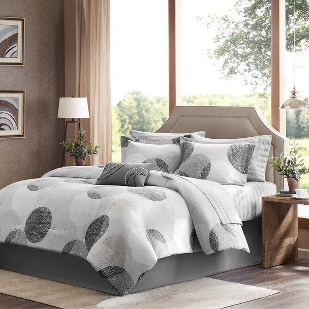 Grey & White Circular Design Comforter Set AND Matching Sheet Set (Knowles-Grey)