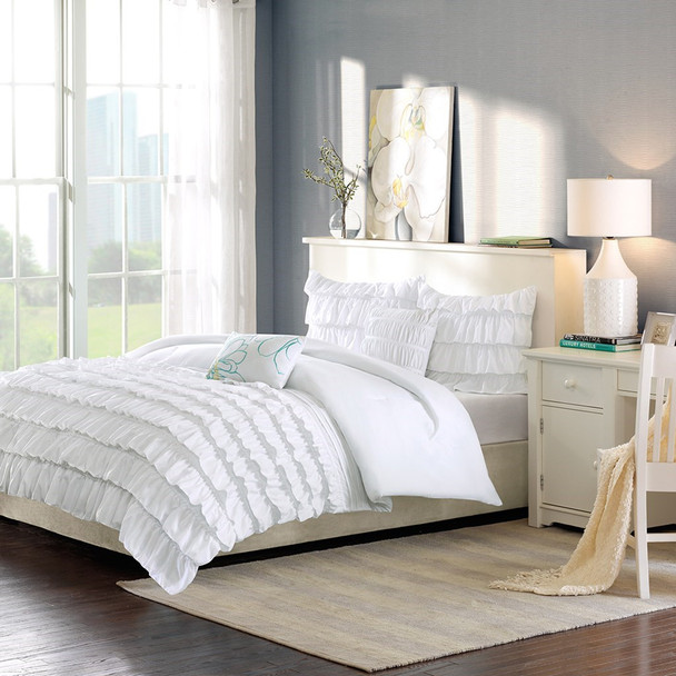 White Reversible Flowing Ruffles Comforter Set AND Decorative Pillows (Waterfall-White)